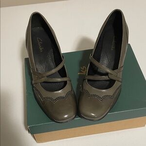 Clarks Olive Green Mary Jane Flats with Double Straps